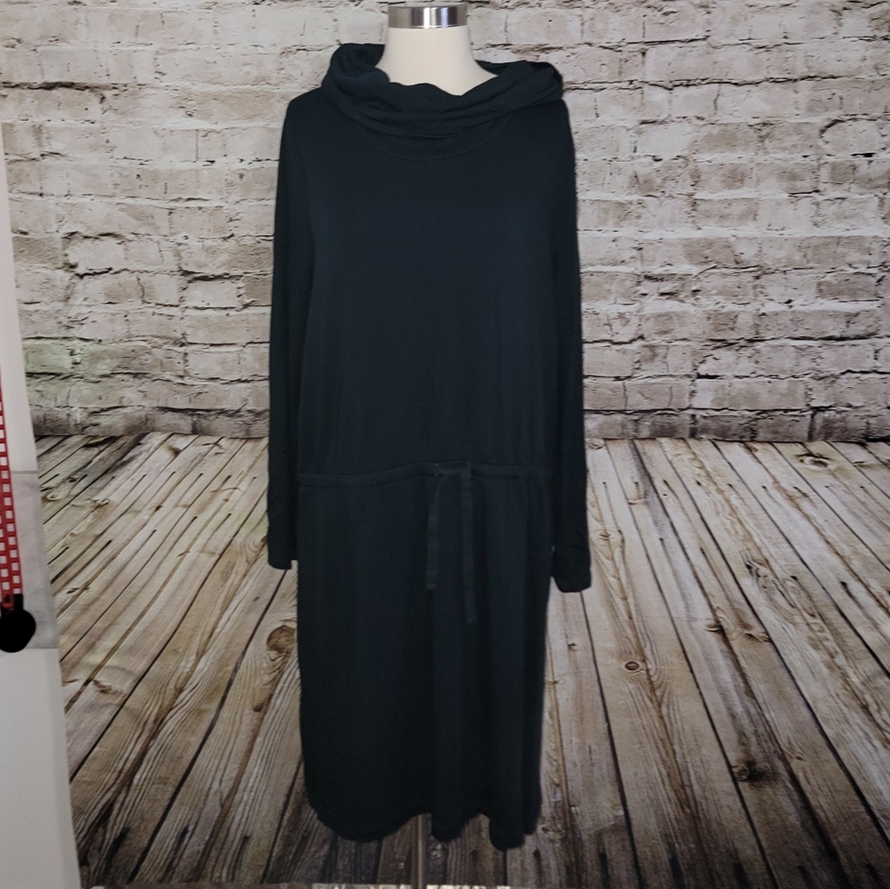 Cowl Neck Black Long Sleeve Drawstring Waist Dress